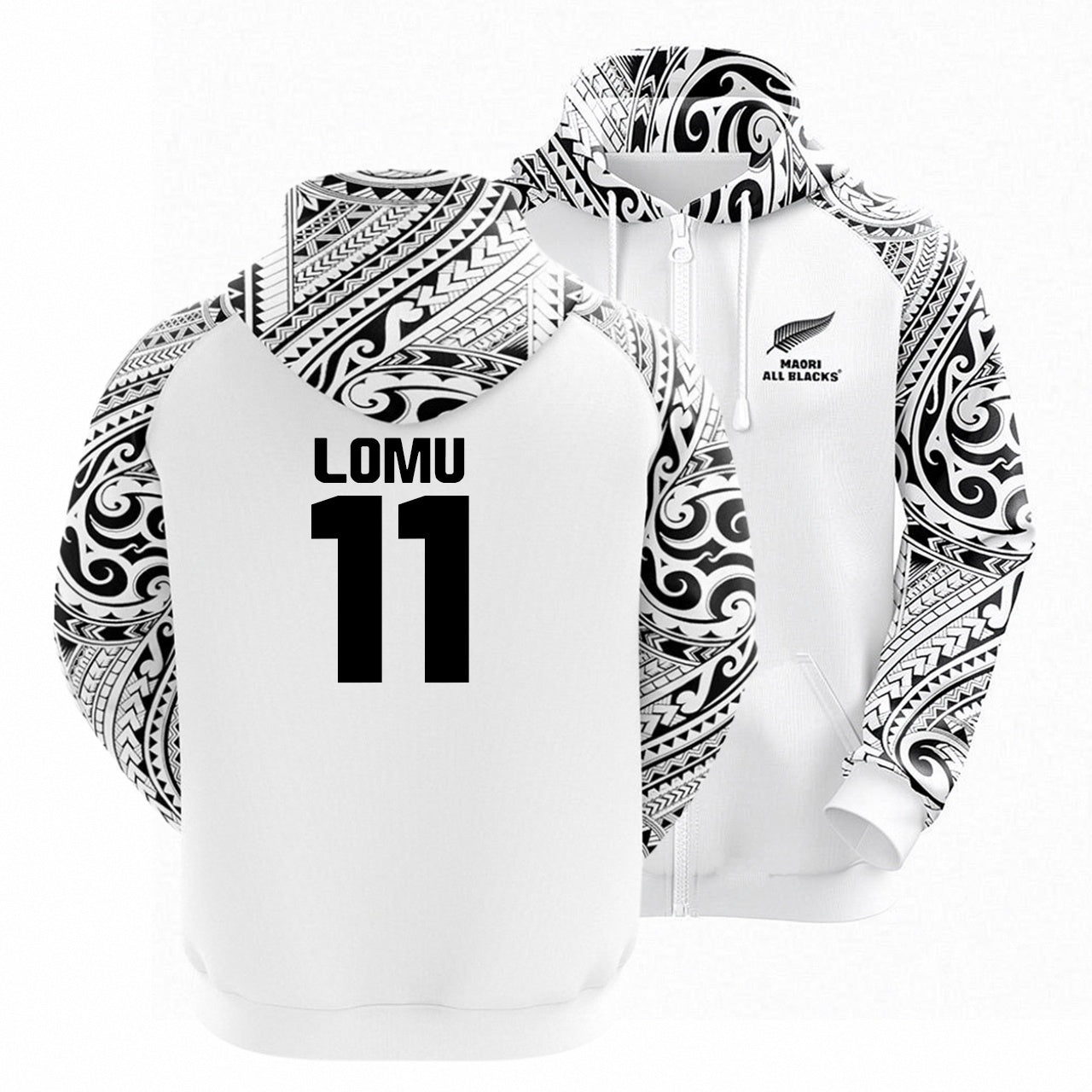 All Blacks Maori White Zipper Hoodie and Pants Personalised