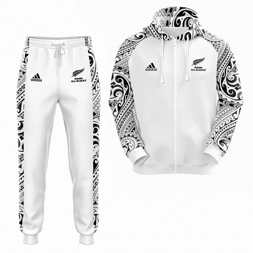 All Blacks Maori White Zipper Hoodie and Pants Personalised